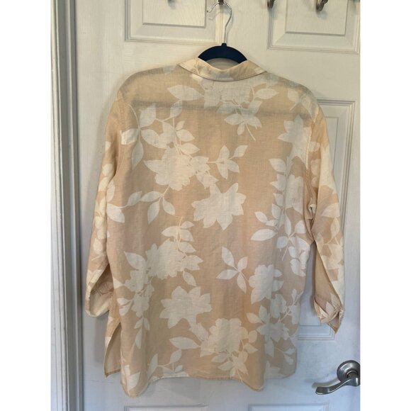 Liz Claiborne Lizwear Jeans Linen Blend floral Tan 3/4 Sleeve Top Size Large - Picture 5 of 7